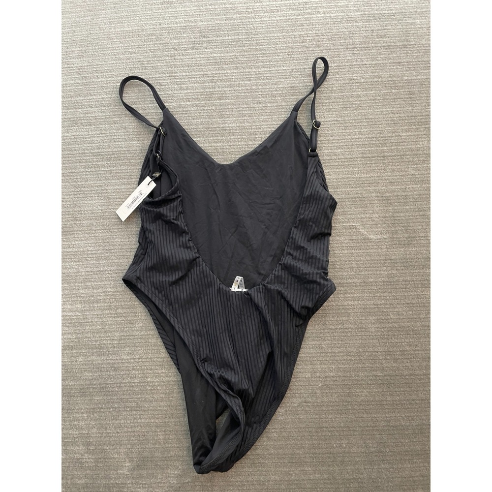 Vitamin A One Piece Swim Suit Women 10 Black Ribbed V Neck Backless Minimalist - Picture 2 of 10